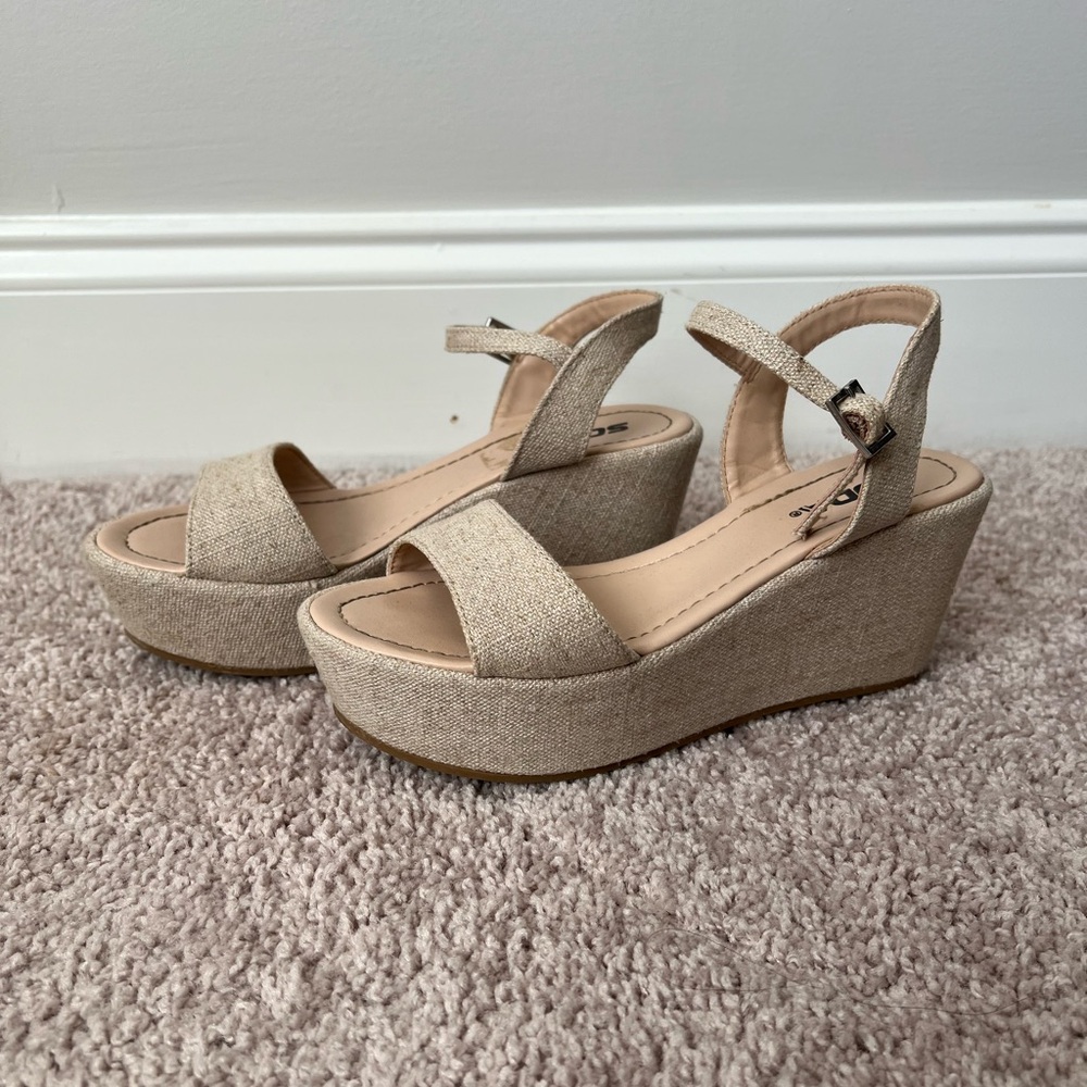 Tan and cream wedge sandals with platform & adjustable buckle straps